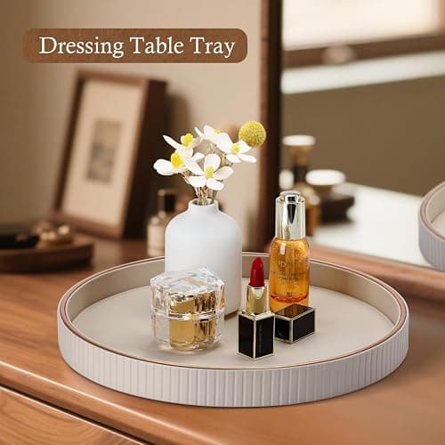 GORESE 12" Round Decorative Tray for Coffee Table, PU Leather Compact Serving Tray for Home Decor & Everyday Accents, Modern Nightstand Tray for Jewelry & Perfume, Beige thumbnail 5