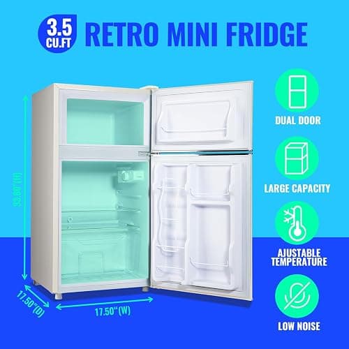 TACOOL Mini Refrigerator with Freezer Small Fridge Double Door Side Drink Holder Adjustable Glass Shelves, Plastic Crisper, 7 Level Temperature Control for Bedroom, Office, Apartment White thumbnail 2