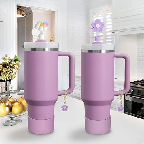Stanley Cup Accessories Set,Including 2 Pcs 0.4in Straw Cover, 1 Silicone Spill-Proof Stopper Set of 3, 1 Cute Purple Flower Handle Charm, 1 Silicone Boot Fits Stanley 40&30 Oz Tumbler (Lilac) thumbnail 7