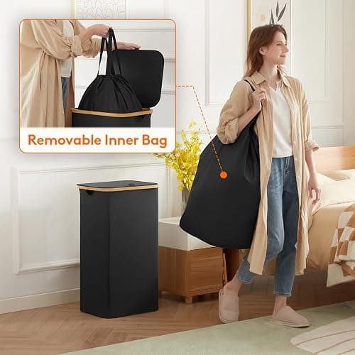 Lifewit 100L Laundry Basket with Lid, Clothes Hampers for Laundry with Bamboo Handles and 1 Removable Bag, Large Foldable Laundry Hamper for Bedroom, Bathroom, Dorm, Laundry Room, Black thumbnail 4
