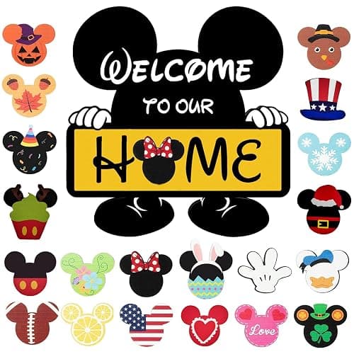 FUEMEILY Cute Mouse Seasonal Interchangeable Welcome Door Sign, Welcome to Our Home Sign with 20pcs Interchangeable Holiday Pieces for Farmhouse/Wall/Porch Decor and Housewarming Gift (Yellow) - Image 1