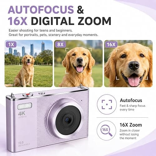 Fwmntu 4K Digital Camera for Teens and Beginners, 72MP Point and Shoot Camera with Autofocus, 16X Digital Zoom, 2.8 Inch IPS Screen, Type-C Rechargeable Compact Camera with 32GB Card, Purple thumbnail 3