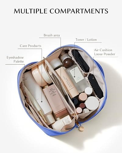 EACHY Travel Makeup Bag for Women, Flat Open Cosmetic Bag, Blue, Medium | Flat-open cosmetic organizer with pockets and clear TPU brush compartment for makeup, toiletries and travel essentials thumbnail 2