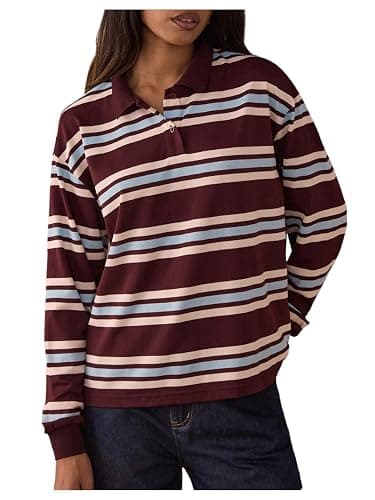 MakeMeChic Women's Rugby Shirt Striped Tops Long Sleeve Fall Tops Y2k Preppy Tee Shirts - Image 1