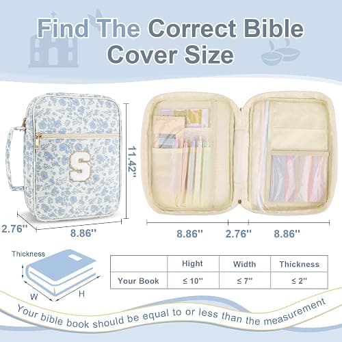 Personalized Initial Bible Cover Case for Women Girls Kid - Large Quilted Bible Case with Handle, Stylish Chenille Letter Bag Study Supplies, Perfect Christmas Gifts for Christians (Blue Flower-S) thumbnail 2
