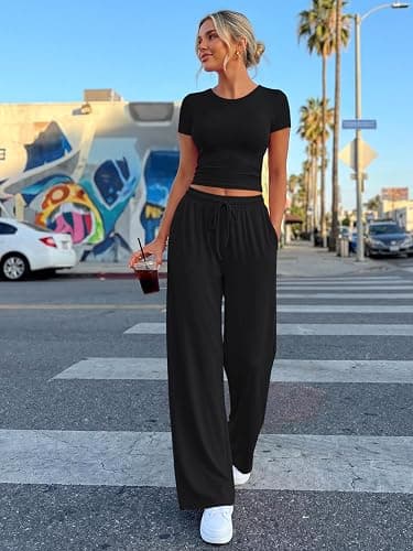 Trendy Queen 2 Piece Matching Summer Lounge Set Womens Side Ruching Top Wide Leg Pants Sets with Pockets thumbnail 6