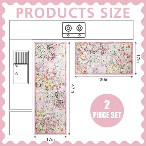 Klyyo Clyro Pink Floral Kitchen Rugs Set of 2 Cute Farmhouse Floor Mats Soft Non Slip Cushioned Washable Kitchen Rugs for Home Entrance Laundry Office Sink Spring Summer Decor, 17 x30 +17 x47 thumbnail 2