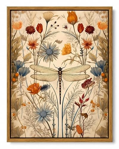 Framed Vintage Boho Wall Art Natural Botanical Dragonfly Decor 8x10in | Nature-Inspired Farmhouse Floral Canvas Print for Bathroom, Bedroom, Living Room, Office or Cottagecore Picture Home Decor - Image 1