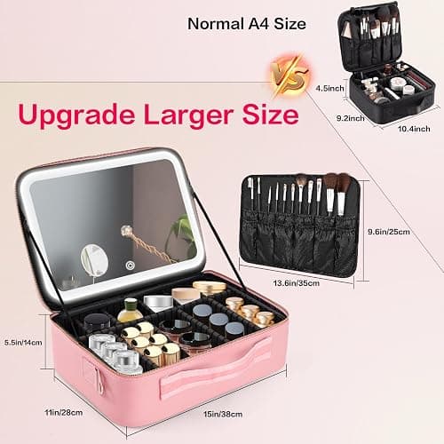 15''X11'' Large Capacity Makeup Bag with LED Mirror, Professional Makeup Case Organizer with 3 Color Light Adjustable Brightness, Travel Make up Cosmetic Case with Detachable Dividers & Shoulder Strap thumbnail 7