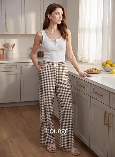 EVALESS Womens Gingham Pants High Waist Wide Leg Lounge Pants | Lightweight Comfy Fabric, Elastic Waist Side Pockets, Summer to Fall Travel Outfits thumbnail 5