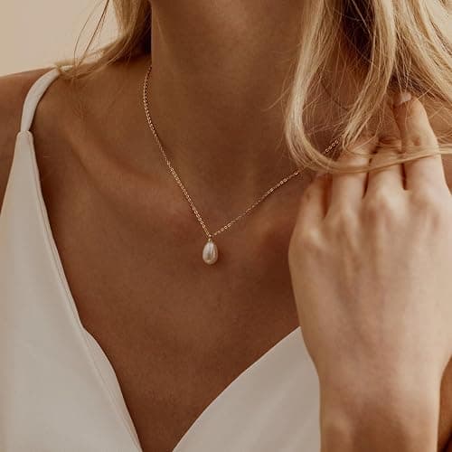 Gold Pearl Necklaces for Women,Dainty Gold Pendant Necklaces Pearl Jewelry | 14K Gold Plated Pearl Necklaces,Dainty Elegant Wedding Necklace,Small Cute Adjustable Minimalist Necklace,Non Tarnish Jewelry thumbnail 2