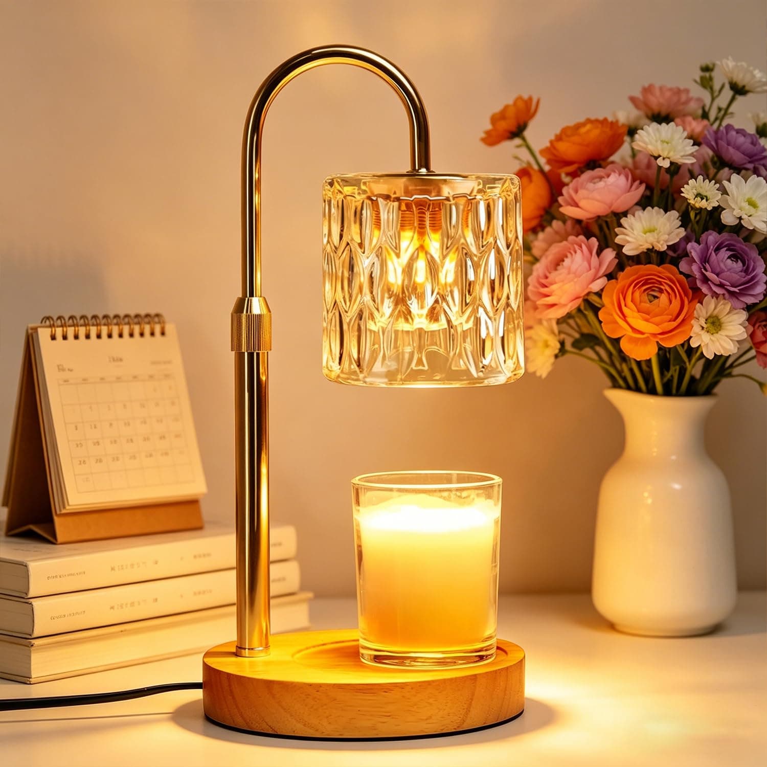 Lampara Calentadora de Velas con Atenuador y Temporizador, Lámpara para Velas Aromáticas con Altura Ajustable, incluye 2 Bombillas de 50W, Ideal para Mamá y Mujeres, Decoración del Hogar (Dorado) - Image 1