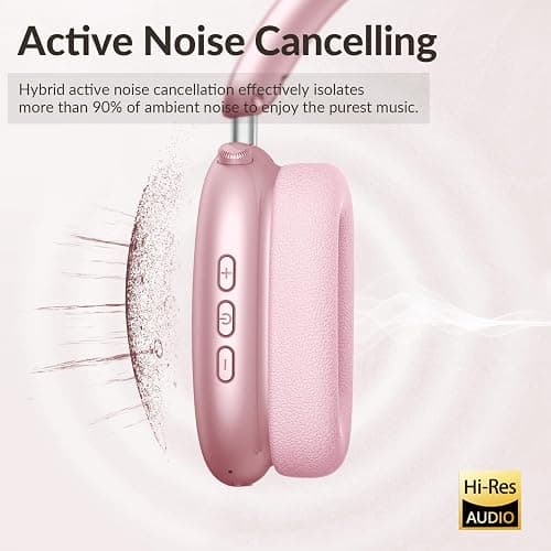 Wentronic Y02 Active Noise Cancelling Headphones,60H Battery,5 EQ Music Modes,Hi-Res Audio,Deep Bass,Foldable Wireless Over Ear Bluetooth 5.4 Headset,Breathable Leather Earpads (Pink) thumbnail 3