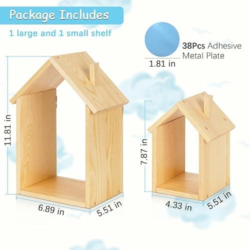 for Tonies Shelf Magnetic - for Tonies Figure Organizer Kids Room, Wooden Display Shelf for Tonies Box Holder, Wall Floating Shelves Toy Storage, House Shape Set of 2 with 38Pcs Adhesive Metal Plate thumbnail 3