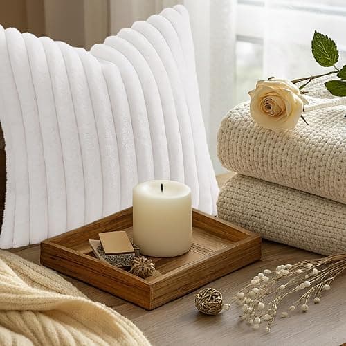 decorUhome Fall Cozy Faux Fur Throw Pillow Covers 18x18 Set of 2 Decorative Soft Plush Striped Modern Farmhouse Boho Couch Pillow Cases with Velvet Back for Sofa Bed Living Room, White thumbnail 9