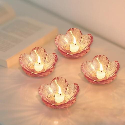 Glass Votive Candle Holders,Glass Seasoning Dishes,Cherry-Blossom Tea Bag Holders,Pink Flower Snack Dip Bowls,Set of 6 Tealight Pillar Trays for Party Housewarming Christmas Valentine Wedding Decor thumbnail 6