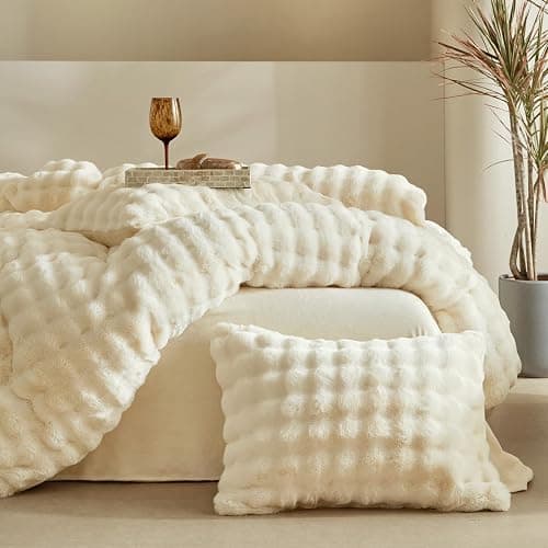 Tokokimo Fluffy Fleece Queen Size Duvet Cover Set, Ultra Soft Reversible Heavyweight Bedding Set, Extra Warm Winter Duvet Cover Set with 2 Pillow Cases, All Season Fuzzy Comforter Cover Set, Beige thumbnail 3