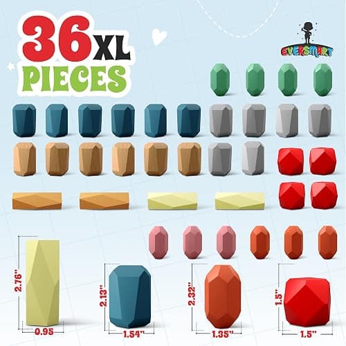 EVERSMART 36 Pcs Wooden Stacking Blocks – Montessori Toys for 1 2 3 4 5 6 Year Old Toddlers and Kids, XL Rocks, No Choking Hazard – Sensory STEM Building Stones, for Girls and Boys thumbnail 7