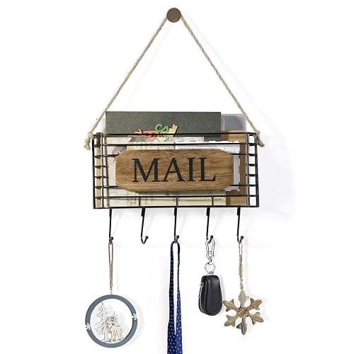 SRIWATANA Mail Organizer Wall Mount, Rustic Mail Holder Key Holder for Wall with Hooks, Small Size, Carbonized Black thumbnail 9