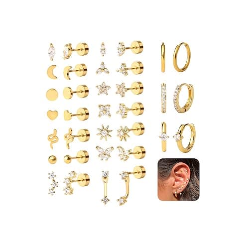 KRFY Flat Back Stud Earrings - 17 Pairs Surgical Steel Stud Earrings For Women Hypoallergenic Hoop Earrings Tiny Screw Back Cartilage Earring Set For Multiple Piercing - Image 1