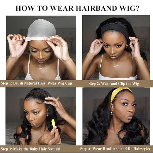 Colorful Queen Glueless Headband Wig Long Black Body Wave Headband Wigs for Black Women Synthetic Natural Looking Wavy Wig Heat Resistant 180% Density (26inch, 1B#) thumbnail 7