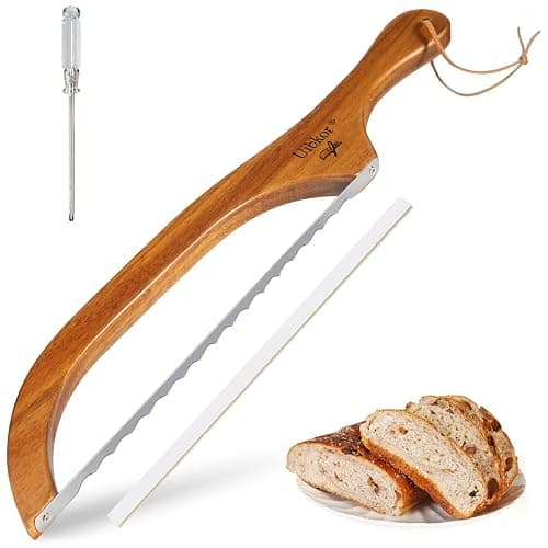 Uibkor Wooden Bread Bow Knife, 16" Serrated Sourdough Cutter, Premium Stainless Steel Serrated Saw Bread Cutter, Bagel Slicer Knife for Homemade Bread, Bagels, Baguettes and More, Sourdough knife - Image 1