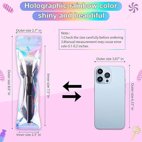 ANZNKU 100 PACK 2.7" x 9" Pen Bags Holographic Bags, Pen Packaging Bags Resealable Smell Proof Bags for Party Favor Food Storage, Cosmetics, Jewelry Packaging Candy Lipgloss Packaging thumbnail 3