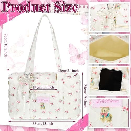 Yeyeplum Pink Coquette Bag White Floral Handbag Kawaii Handbag Coquette Bow Quilted Duffle Bag for Women Shoulder Purse with Bow Pearl Keychain for Christmas Gifts Business Travel Trip thumbnail 2