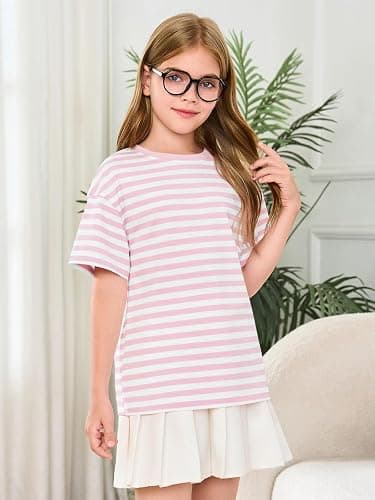 Haloumoning Girls Striped Short Sleeve T Shirts Kids Summer Oversized Tops Casual Crewneck Tees 5-14 Years thumbnail 4