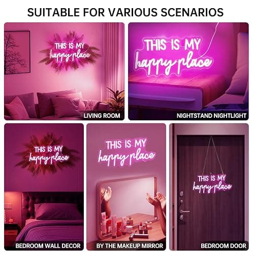 Neon Signs for Wall Decor - This Is My Happy Place Neon Signs for Teen Girls Bedroom Decor, Pink Led Neon Lights for Wall Decor, Nightstand Light, Dimmable Switch USB Power, Adhesive Hook Included - This is my happy place-pink thumbnail 4