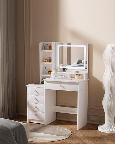 Vanity Desk, Makeup Table with Mirror and Lights, 90cm White Dressing Table, Five Drawers thumbnail 5
