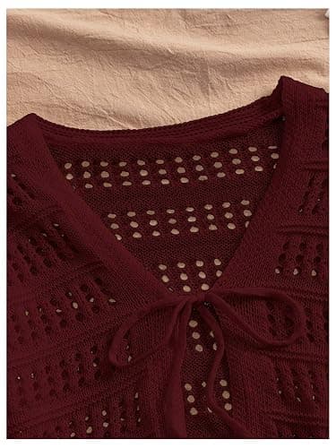 SHENHE Women's Tie Front Hollow Out Cover Up Summer Boho Knit Cardigan Crop Tops thumbnail 3