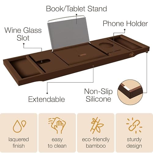 Foldable Bathtub Tray - Expandable Bamboo Bath Caddy with Wine, Book & Tablet Holder - Luxurious Bath Accessories, Perfect Spa Experience - Unique Gifts for Mom, Women, Couples, Housewarming (Brown) thumbnail 4