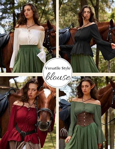 Scarlet Darkness Renaissance Shirt Women Peasant Blouse Off Shoulder Tops Pirate Costume - White - Medium thumbnail 6