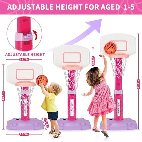 Toddler Basketball Hoop Indoor for Age 1-3, Adjustable Kids Basketball Hoop, Mini Basketball Hoops with 3 Balls for Outdoor Poolside, Birthday Christmas Sport Toys Gift for Baby Boy Girl 1 2 3 4, Pink thumbnail 2