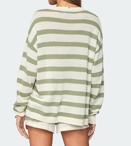 NUFIWI Women Striped Knit Sweater Set 2 Piece Outfit Oversized Long Sleeve Sweater and Shorts Matching Lounge Sets thumbnail 2