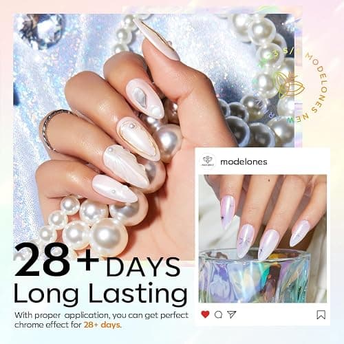 modelones Chrome Nail Powder Pearl Chrome Powder for Nail Magic White Glazed Chrome Nail Powder Mirror Effect Holographic Aurora Iridescent Pearlescent Manicure for 3D Sculpting Nail Art 4 Colors thumbnail 4