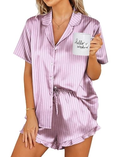 Ekouaer Womens Satin Pajamas Set Button Down 2 Piece Silk Pjs Shorts Set Ruffle Lingerie Notch Collar Sleepwear - Image 1
