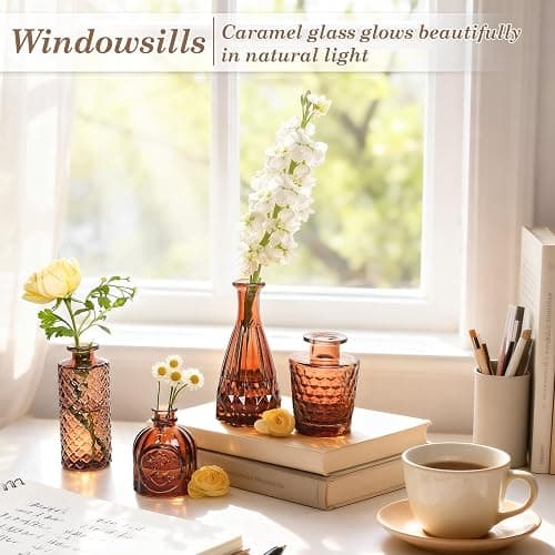 TBWIND 12-Piece Glass Bud Vase Set – Small Caramel Coffee Brown | Etched Glass Vases with Unique Shapes and Weighted Base for Windowsills, Bathrooms, and Table Centerpiece Décor thumbnail 5