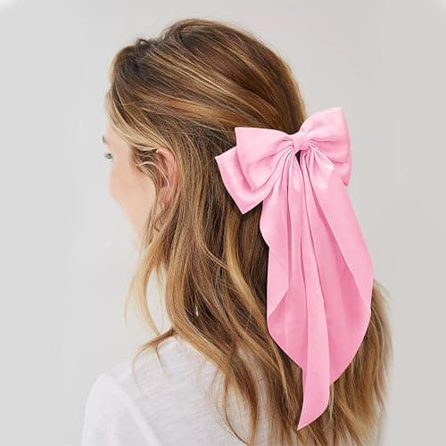 Large Hair Bows for Women Pink Silky Satin Hair Bow Hair Clips Long Tail French Hair Ribbon Coquette Bows Hair Barrettes for Girls thumbnail 2