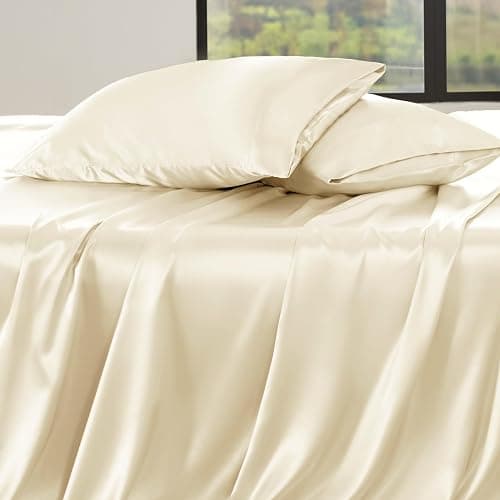 Bedsure Satin Sheets Queen Size - 4 Piece Silky Bedsheets with 15 Inches Deep Pocket Fitted Bedsheet,1 Flat Sheet, 2 Satin Pillowcases, Good for Hair & Skin (Queen, Cream) thumbnail 7