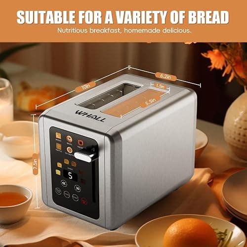 WHALL Touch Screen Toaster 2 Slice,Smart Digital Toaster with 1.5" Wide Slots,6 Shade Settings & 6 Bread Types,Memory Function,Countdown Timer,Brushed Stainless,Ideal Kitchen Gift & Essential thumbnail 2