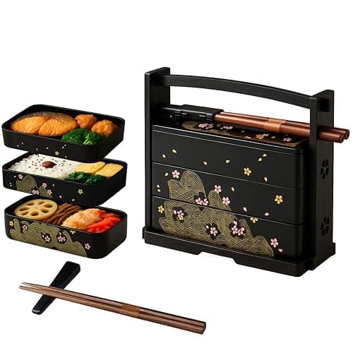 JapanBargain 1951, Made in Japan Three-Tier Japanese Lunch Bento Box with Chopsticks, Lacquered Sakura Cherry Blossom Design - Image 1