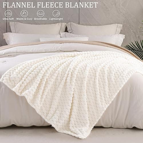 Exclusivo Mezcla Queen Size Soft Fleece Blanket, 90x90 Inches Stylish Jacquard Velvet Blanket for Bed, Fuzzy Cozy Lightweight for All Season, Ivory thumbnail 5