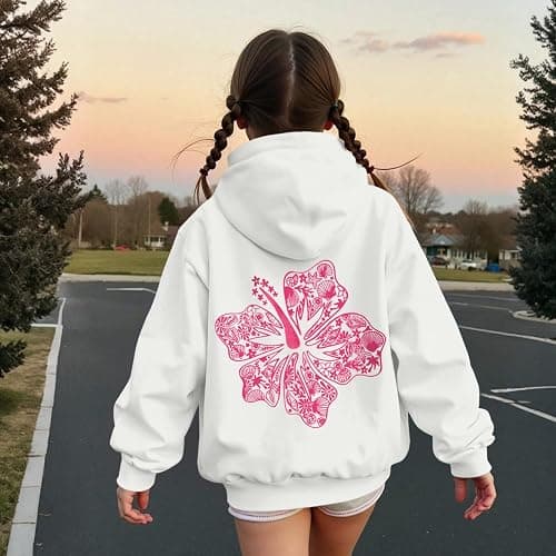 Lubpow Cute Pink Hoodie Kids Girls Aesthetic Preppy Hibiscus Flower Puff Hoodies Kawaii Hawaii Palm Beach Graphic Pullover thumbnail 4