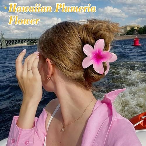 6 Pcs Hawaiian Flower Hair Clips for Women Girls, Plumeria Claw Clips for Thick/Thin Hair, Strong Hold Summer Beach Cute Hair Accessories Tropical Decorative, Large & Small thumbnail 4