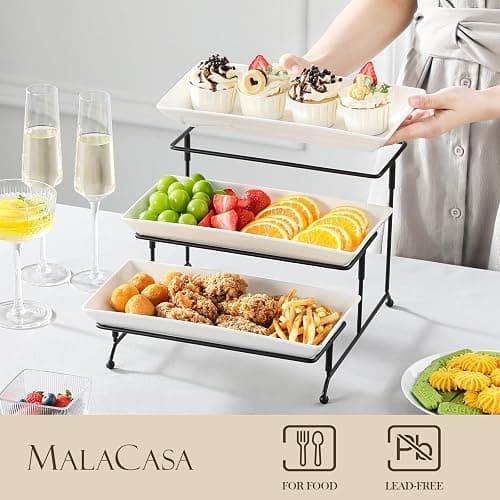 MALACASA 3 Tier Serving Trays for Party, Porcelain Serving Platters and Trays, 12 Inch Tiered Tray Stand, Fruit Tray, Trays for Serving Food, White Dessert Stand with Collapsible Sturdier Metal Rack thumbnail 4