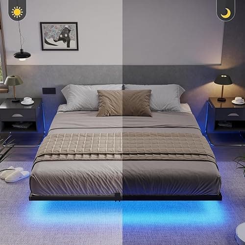 SANGMUCEN Floating Queen Bed Frame with LED Lights & USB Charging Station, Metal Platform Bed Frame Queen Size, No Box Spring Needed, Steel Slat Support, Anti-Noise Foam Stickers, Easy to Assemble thumbnail 7