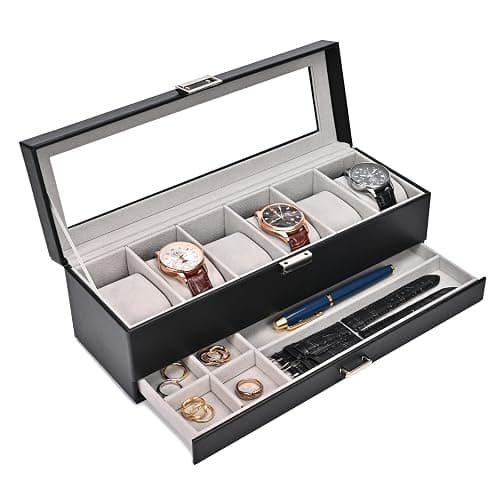ProCase Watch Box for Men, 6 Slot Watch Display Case with Drawer, Mens Watch Case With Glass Lid, 2-Layer Jewelry and Watch Storage Watch Holder Organizer for Men Women -6 Slot, Black - 6-Slot - Black - Image 1