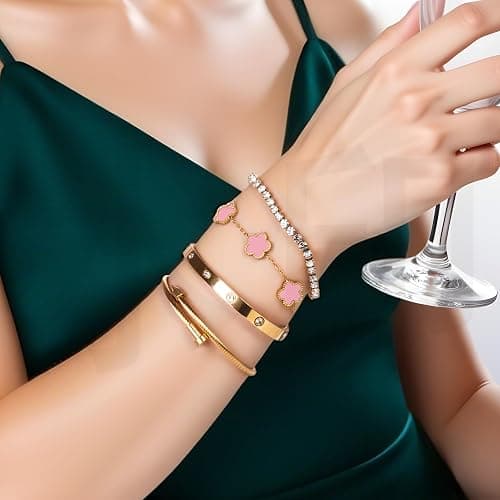 18K Gold Plated Womens Stackable Floral Gold Clover Bracelets Set Love Bangle Bracelets Non Tarnish, Nail Bracelet Set Trendy Jewelry,Gifts for Women's Day and Mother's Day thumbnail 2
